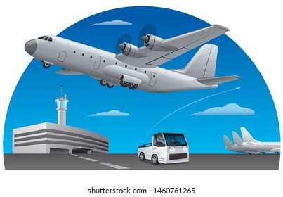 illustration of flying large propeller cargo plane