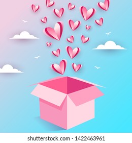 Illustration of flying love open box. Valentine's Day background