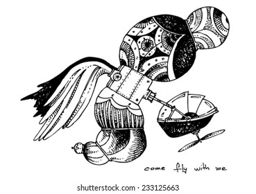 illustration of a flying machine with a balloon, wings, a cockpit, propeller/vector come fly with me - wings balloon machine - black and white/digital vector