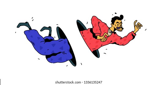 Illustration of a flying man through a hole or portal. Vector. Linear black and white drawing. Businessman passes through space. Hipster is flying on a white background. Teleportation.