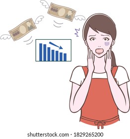 Illustration of flying money with a woman in a shocking pose