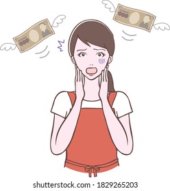 Illustration of flying money with a woman in a shocking pose