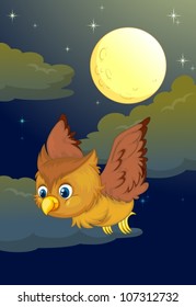 illustration of flying owl and full moon in a dark night