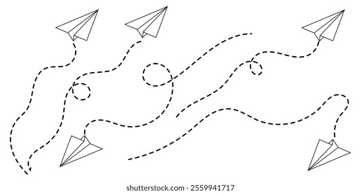 Illustration of a flying paper plane. Paper plane icon with dotted line vector. Travel and message sign symbol. Paper plane, Airplane vector.  Paper flying plane, Vector illustration.