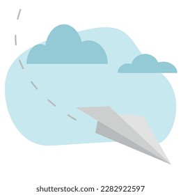 Illustration of a flying paper plane in the sky with clouds. Vector