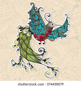 Illustration of flying Phoenix Bird. Colibri bird on seamless doodle background. Spring colorfull bird.