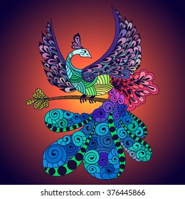 Illustration of flying Phoenix Bird. Fire burning peacock bird with dark blue background.