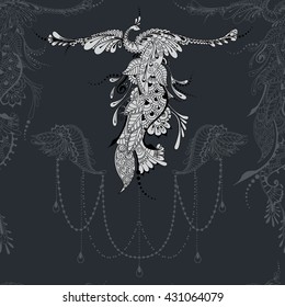 Illustration of flying Phoenix Bird. Bird with outstretched wings on dark grey seamless background with lace decor.