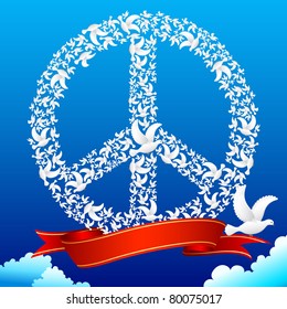 illustration of flying pigeon forming peace symbol in sky