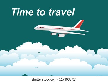 Illustration of the flying plane and cloud on deep green sky background. Concept design template of time to travel. Vector illustration .
