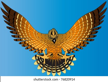 illustration flying powerful eagle on turn blue background