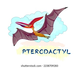 Illustration of flying pterodactyl. Prehistoric extinct dinosaur. Jurassic world animals. Isolated drawing. Print for fabric, kids clothes, embroidery, wallpaper. Flat cartoon vector.