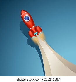 illustration of flying up red spaceship on blue background