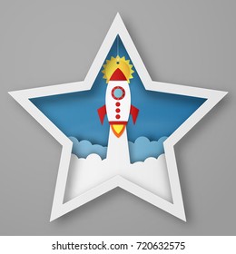 Illustration of Flying rocket on blue sky and cloud, paper art concept and craft style.