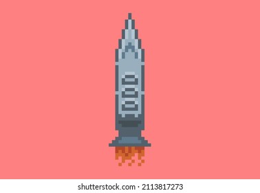 Illustration of a flying rocket in pixel art style