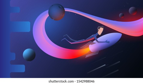 Illustration of a flying rocket with riding successful person on it in the starry sky. EPS10 vector background.