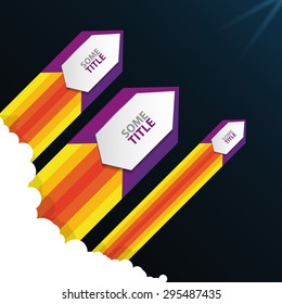 Illustration of a flying rocket in space. Vector with text