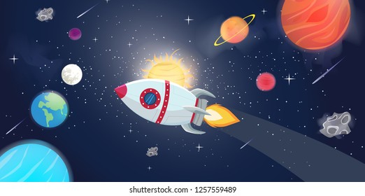 Illustration of flying rocket spacer with space galaxy and planets 