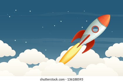 Illustration of a flying rocket in the starry sky. EPS10 vector background.