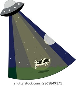 ilustración de un platillo volador secuestrando a una vaca en un campo por la noche. Ideal para impresiones y productos. Dibujo divertido.