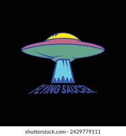 illustration flying saucer with landscape in night moon falling from ufo in forest at night