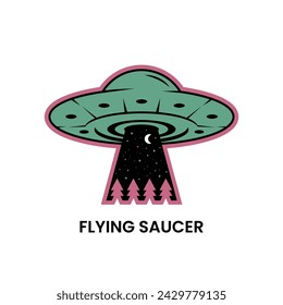 illustration flying saucer with landscape in night moon falling from ufo in forest at night