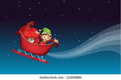 Illustration eines fliegenden Schlitten und eines Jungen in einer dunklen Nacht