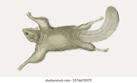 Illustration of a flying squirrel with outstretched limbs and bushy tail. The flying squirrel is depicted in a detailed, vintage style. Flying squirrel in motion. Vintage vector element.