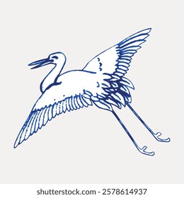 Illustration of a flying stork with outstretched wings. The stork is depicted in a simple, elegant style, emphasizing its graceful flight and long legs. Vintage bird illustration vector.