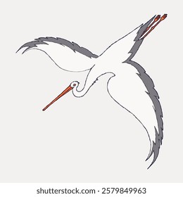 Illustration of a flying stork with outstretched wings and a long beak. The stork's feathers are detailed, capturing the elegance of the bird in flight. Vintage bird illustration vector.