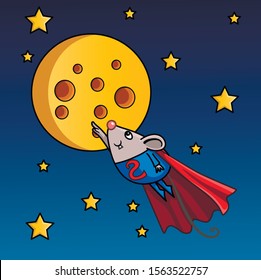 The illustration of flying super hero mouse isolated on space background. Vector illustration for prints, background, cards, banners and design.