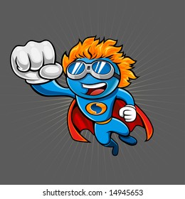 Illustration of flying super hero with a red cape and hair like fire. Character is wearing goggles, old-school cartoon style gloves and a generic "S" emblem.