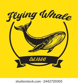illustration of a flying whale, vintage style logo template. vector
