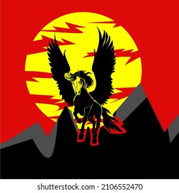 illustration of flying winged horse in front of the sun on the hill