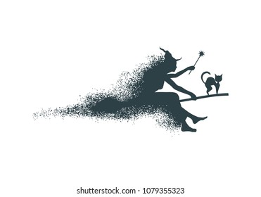 Illustration of flying young witch icon composed of particles. Witch and cat silhouettes on a broomstick. Magic wand in hand. Halloween relative image.