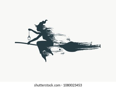 Illustration of flying young witch icon composed of particles. Witch silhouette on a broomstick. Lamp in hand. Halloween relative image.