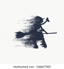Illustration of flying young witch icon composed of particles. Witch silhouette on a broomstick. Raven sit on hand. Halloween relative image.