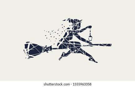 Illustration of flying young witch icon composed of particles. Witch silhouette on a broomstick. Lamp in hand. Halloween relative image.