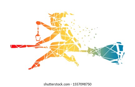 Illustration of flying young witch icon composed of particles. Witch silhouette on a broomstick. Lamp in hand. Halloween relative image.