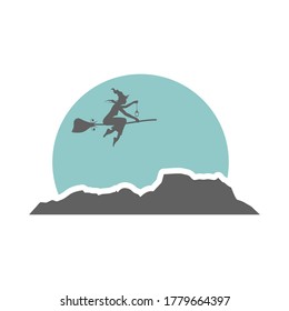 Illustration of flying young witch icon. Witch silhouette on a broomstick. Lamp in hand. Halloween relative image.