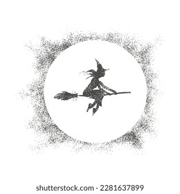 Illustration of flying young witch icon composed of particles. Witch silhouette on a broomstick. Halloween relative image. Round frame