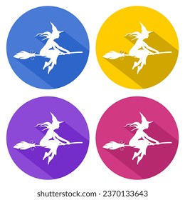 Illustration of flying young witch icon. Witch silhouette on a broomstick. Halloween relative image. Web icon in flat design with long shadows.