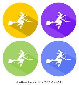 Illustration of flying young witch icon. Witch silhouette on a broomstick. Halloween relative image. Web icon in flat design with long shadows.