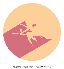 Illustration of flying young witch icon. Witch silhouette on a broomstick. Halloween relative image. Web icon in flat design with long shadows.