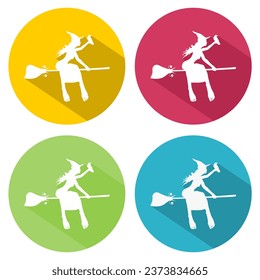 Illustration of flying young witch icon. Witch silhouette on a broomstick. Halloween relative image. Web icon in flat design with long shadows.