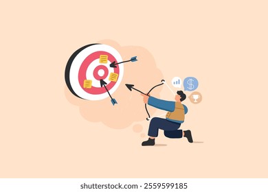 Illustration of a focused archer aiming at a vibrant target, symbolizing precision and strategy. The dynamic pose highlights determination, making it ideal for marketing and goal-oriented themes.