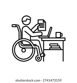 Illustration of a focused wheelchair user working on a laptop in a bright office with coffee and documents.
