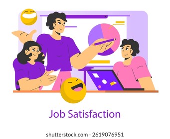 Illustration focuses on job satisfaction in a collaborative setting. It portrays individuals engaged in discussion with positive expressions. Visual elements relate to teamwork and productivity