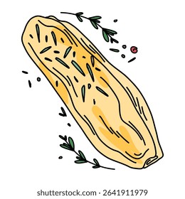 Illustration of a folded omelette in doodle style, drizzled with butter and sprinkled with spices