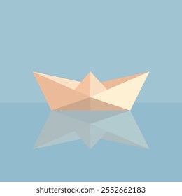 illustration of a folded paper boat on water with its reflection
